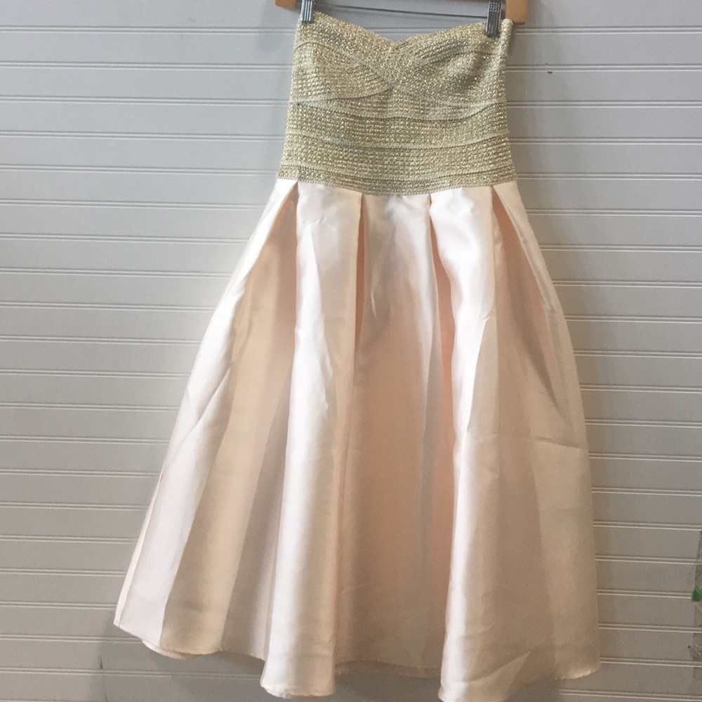 peach & gold strapless cocktail dress